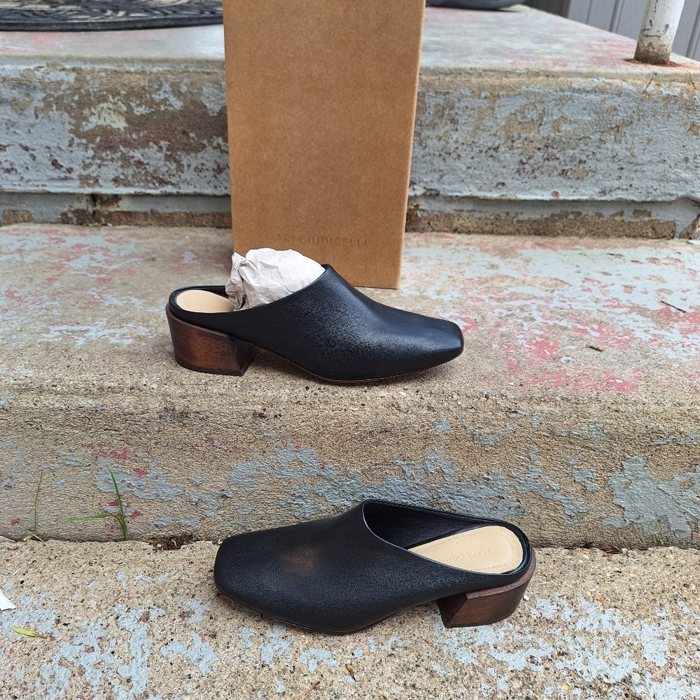 Black Leather Mules with Wooden Heel